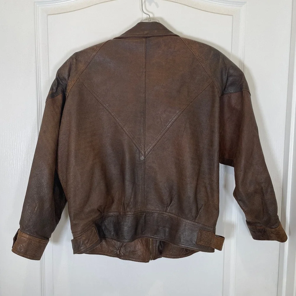 Vintage 80's Paris Sport Club Leather Bomber Jacket Distressed Brown Belted L